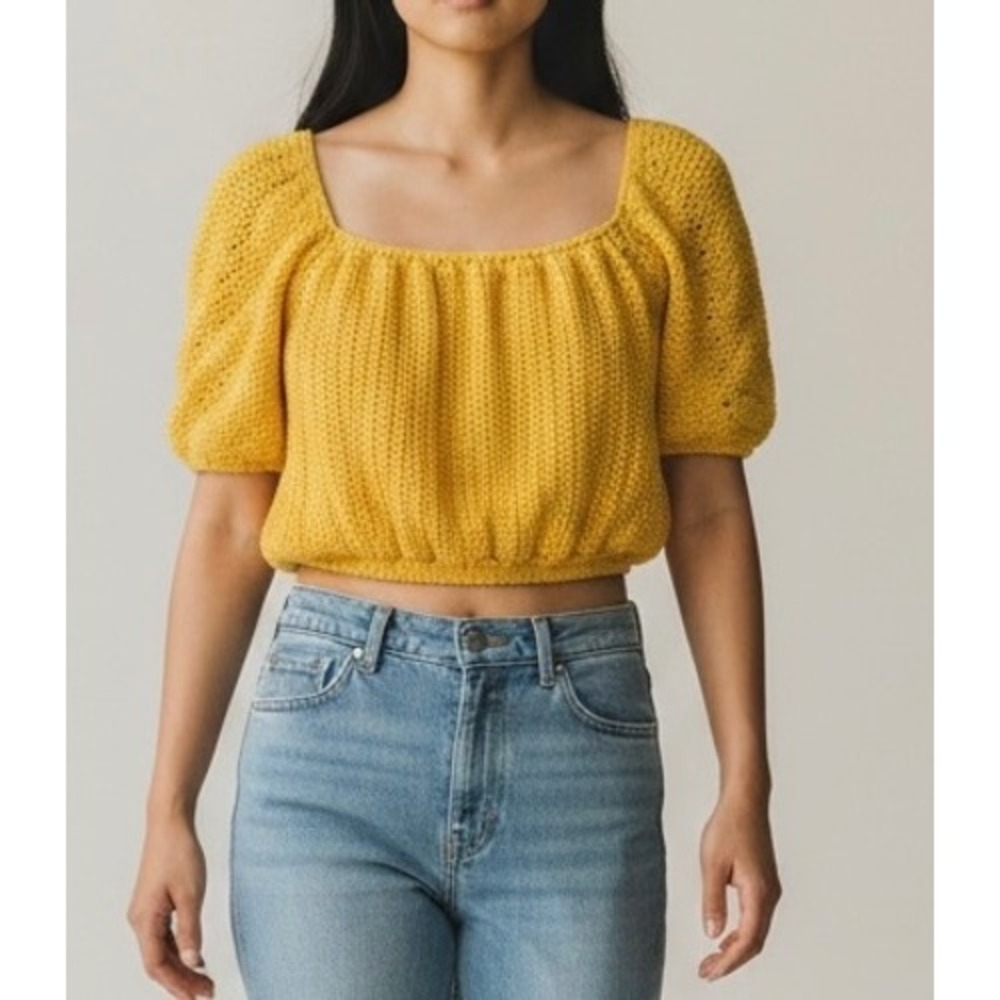Crochet Knit Crop Top Yellow Sm/Md Puff Sleeve Summer Boho Festival Vibrant 70's